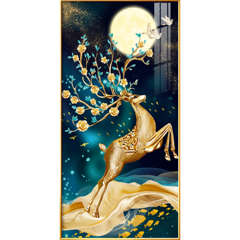 入户玄关装饰画走廊过道尽头壁画现代简约竖版晶瓷挂画轻奢客厅鹿