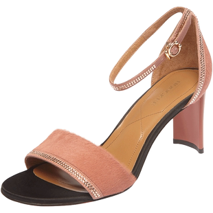 红科16年夏款鱼嘴水钻蝴蝶结凉鞋牛羊皮后空粗跟女鞋h98304