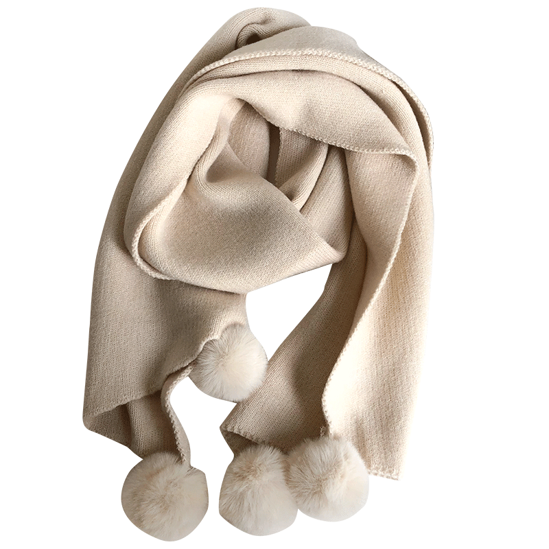 奶白色毛球日系针织毛线围巾女秋冬季保暖可爱百搭软妹韩版围脖