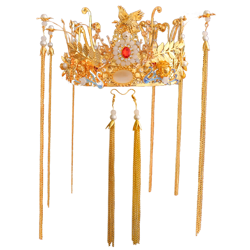 秀禾头饰新娘中式古装结婚发饰金色圆冠流苏步摇复古婚礼结婚凤冠