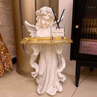欧式复古天使落地摆件托盘客厅玄关钥匙创意桌面装饰品石膏像雕塑