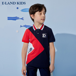 eland Kids衣恋童装夏季男童时尚拼接撞色几何印花短袖Polo衫T恤