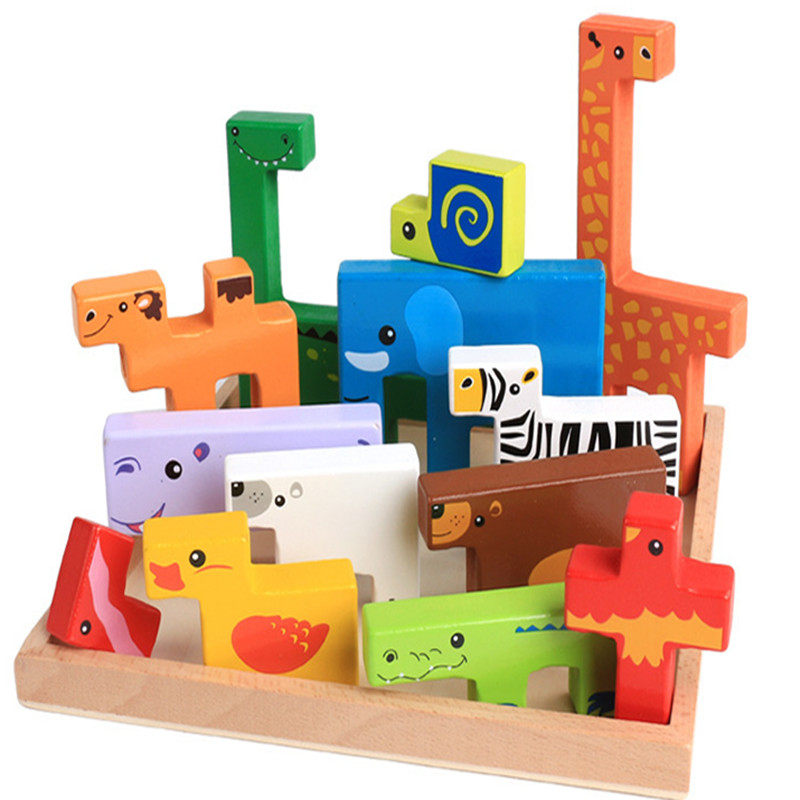 外贸儿童动物拼图积木玩具俄罗斯方块立体拼图木质加厚益智玩具