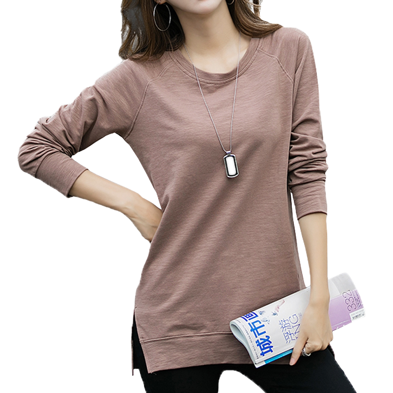 纯棉长袖t恤女纯色中长款上衣宽松韩版打底衫春秋季百搭显瘦体恤