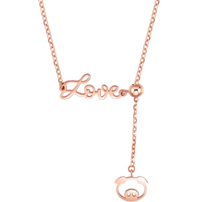 周六福18k金项链女多彩玫瑰金au750love字符吊坠锁骨链彩金礼物