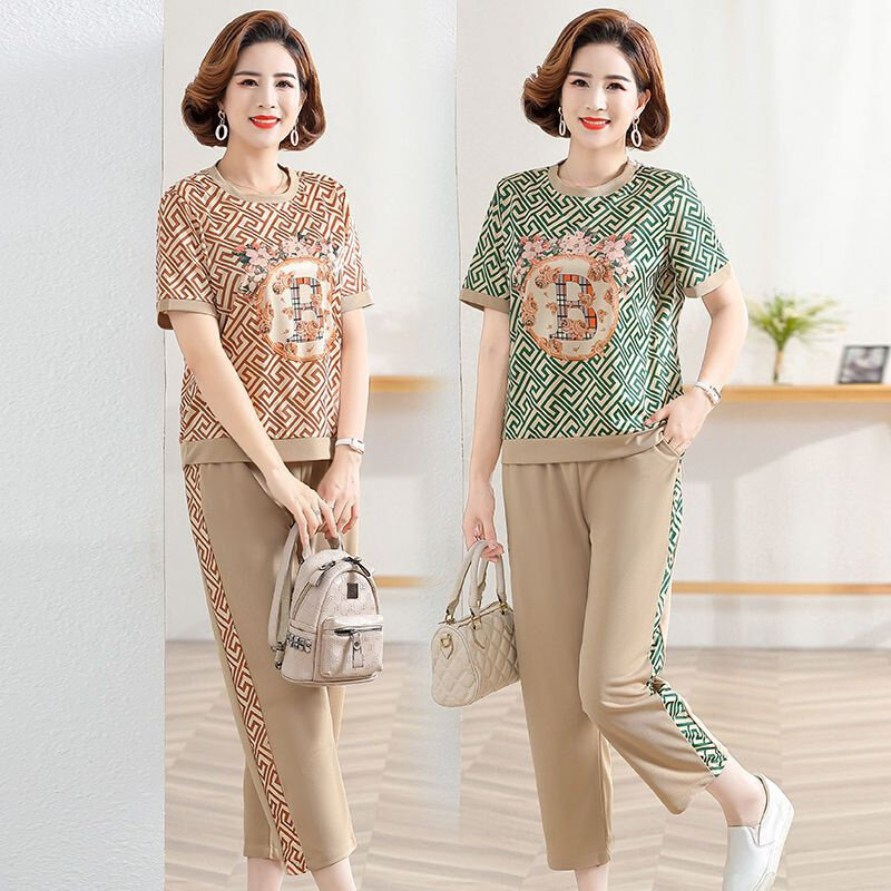 严选夏季2024年新款中年妈妈短袖套装女圆领印花短袖上衣t恤裤子