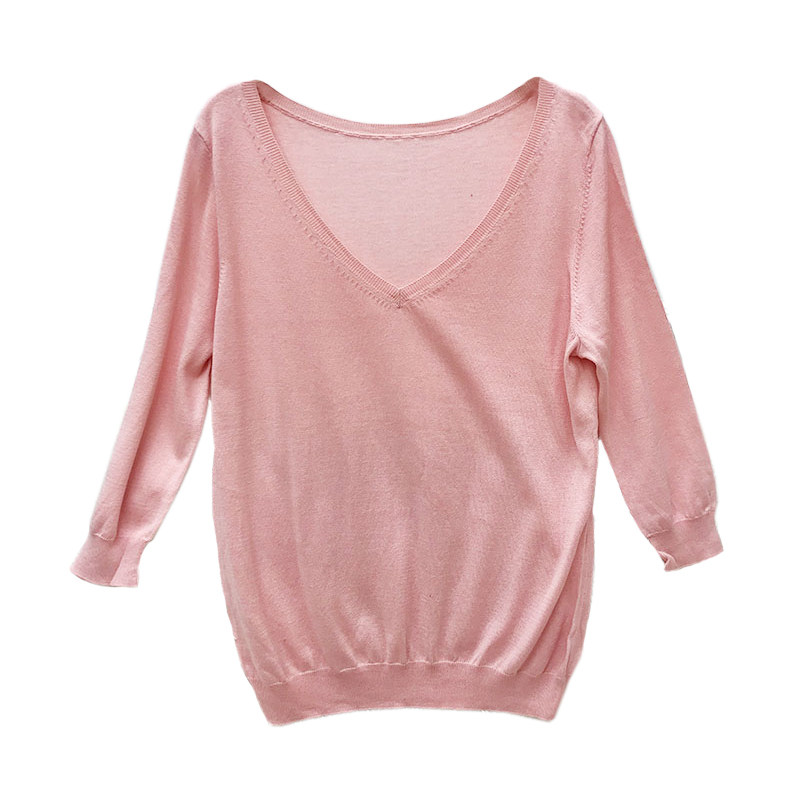 凡写真丝绢丝针织衫百搭纯色v领显瘦内搭衣可外穿中袖针织套头衫