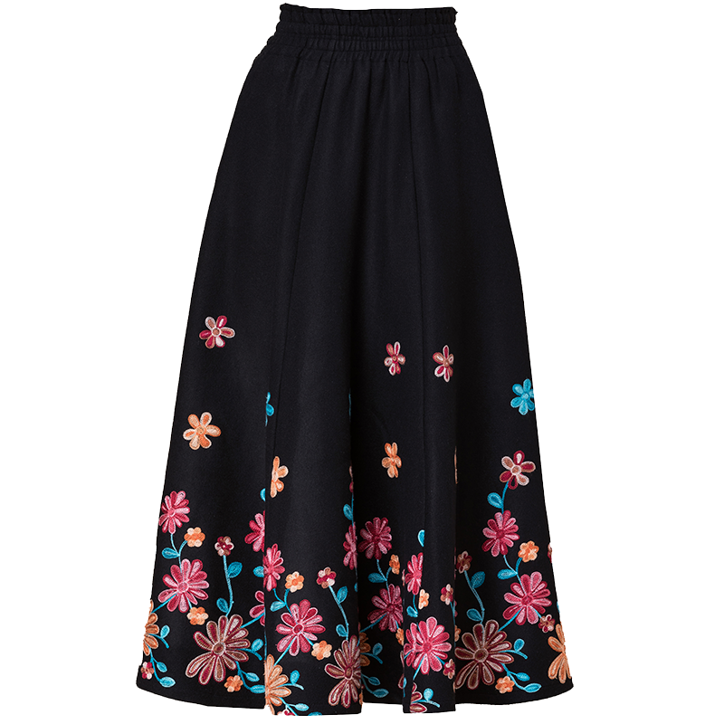 秋冬毛呢半身裙复古刺绣花半身裙女长款松紧腰大摆大码裙子冬裙女