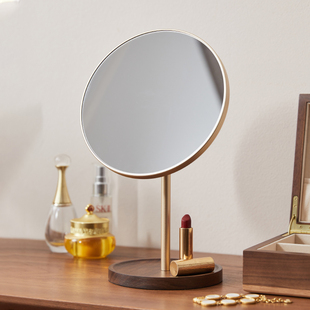 新款销梳妆台实木复古化妆镜黑胡桃木卧室桌面台式圆形支架镜子可
