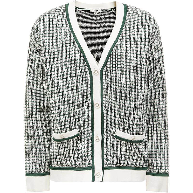 【ONLY奥莱清仓】秋冬时尚撞色格纹V领长袖开衫针织衫女