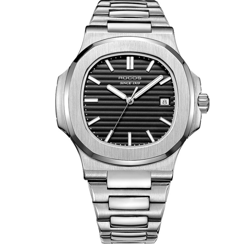 雷克斯rocos正品牌夜光商务时尚全自动机械手表男士钢带男表防水