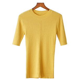 amii100%纯棉修身坑条纹t恤打底衫女2020春新款圆领针织短袖上衣