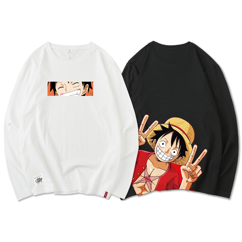 海贼王联名2019年新款路飞长袖t恤男士圆领韩版宽松纯棉白色潮牌