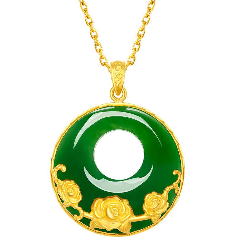 周六福金镶玉吊坠女和田碧玉平安扣大气富贵z黄金玉石送妈妈