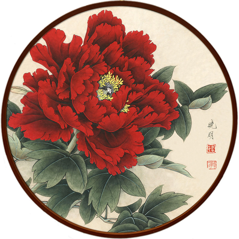 牡丹花挂画圆形玄关装饰画客厅背景墙电箱新中式餐厅花开富贵壁画