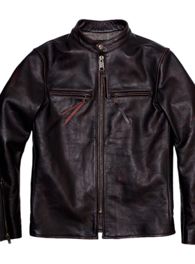 j100茶芯马皮【天花板级】立领修身头层马皮手工做旧真皮皮衣男