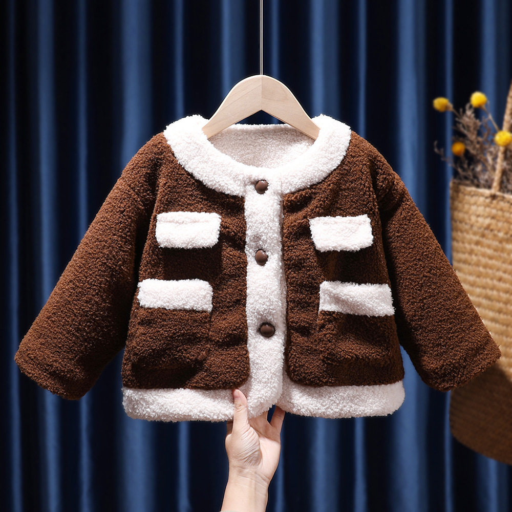 热销儿童毛绒棉衣新款女小童加绒加厚毛毛衣女童圣诞红色外套冬款