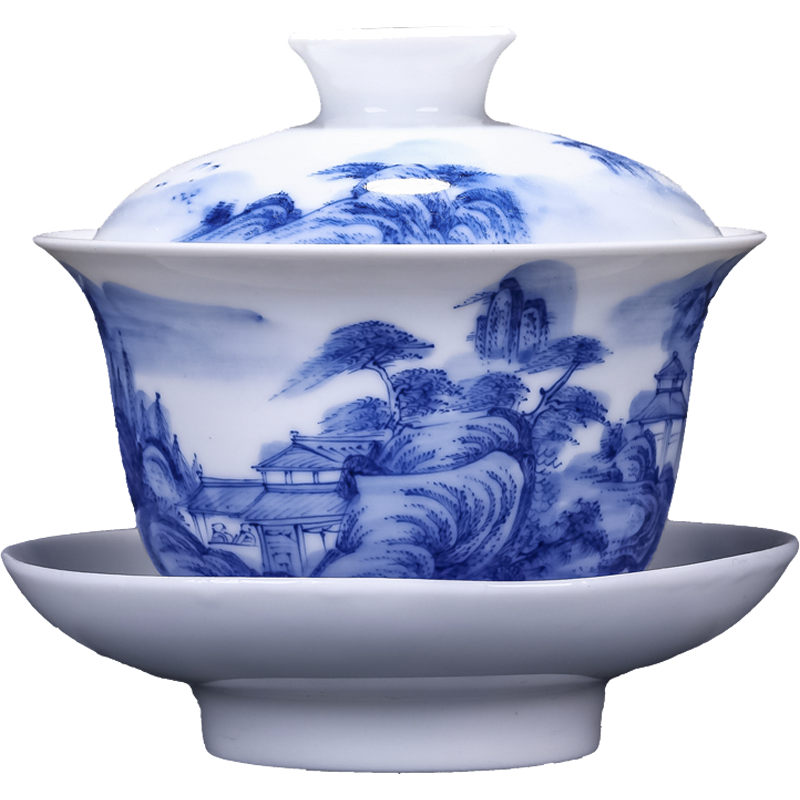 民间艺人手绘山水青花瓷三才盖碗单个景德镇陶瓷功夫泡茶杯敬茶杯