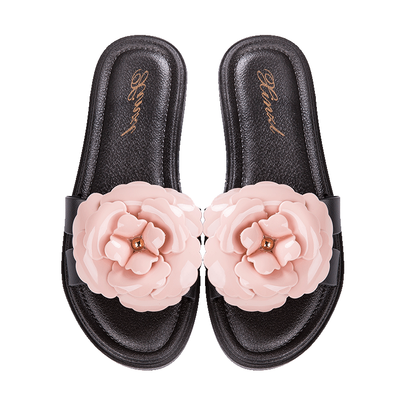 2019新款花朵拖鞋女夏时尚外穿平底防滑外出度假沙滩山茶花凉拖鞋