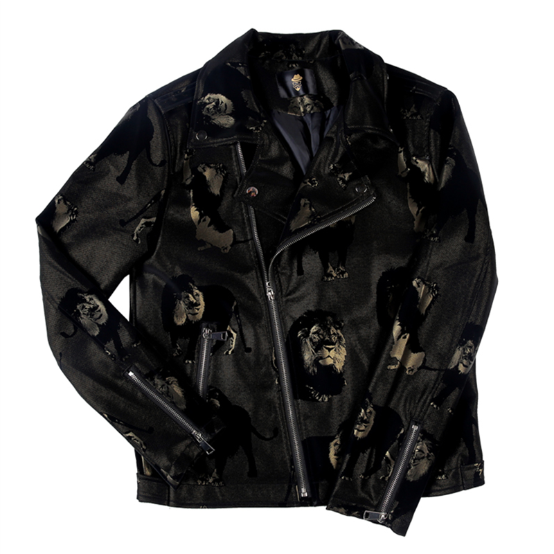 皮夹克男秋冬新款韩版修身狮子图案机车皮衣型男斜拉链翻领上衣男