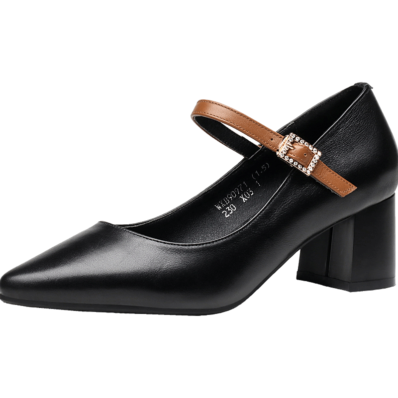 红蜻蜓女鞋2020春季新款尖头浅口一字带女单鞋粗跟高跟真皮皮鞋女