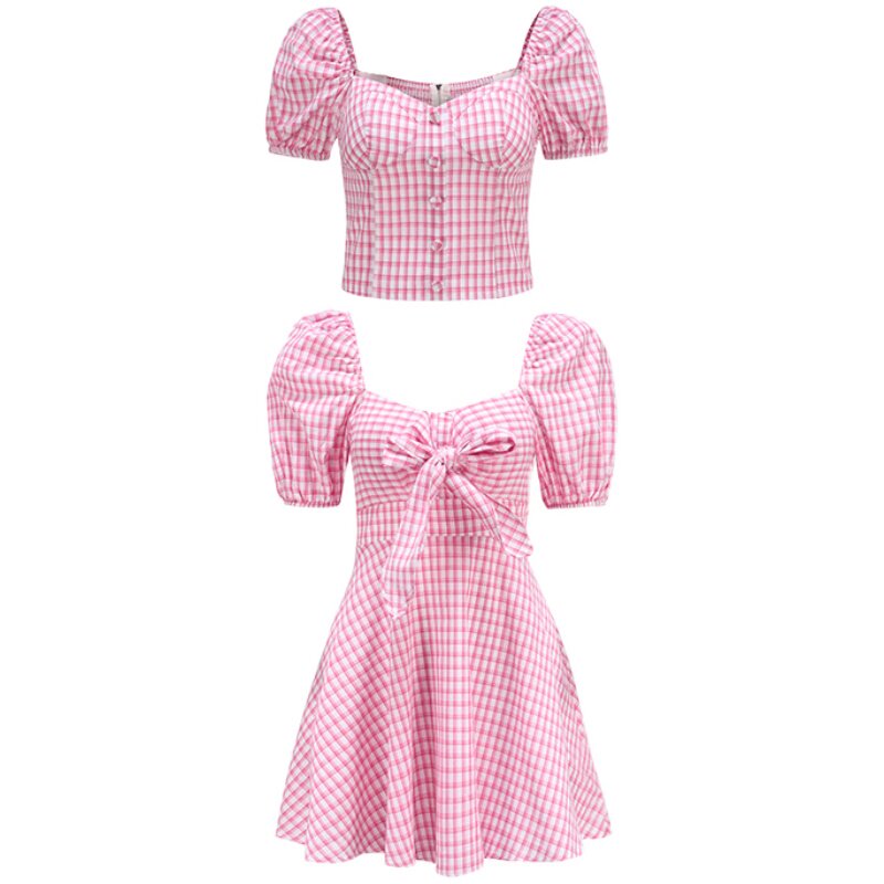 q女家粉色格子连衣裙女夏甜美露肩锁骨可甜可盐泡泡袖一字肩裙子