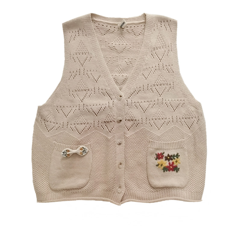 森女系口袋手工花朵刺绣针织开衫温柔叠穿小马甲背心秋季减龄毛衣