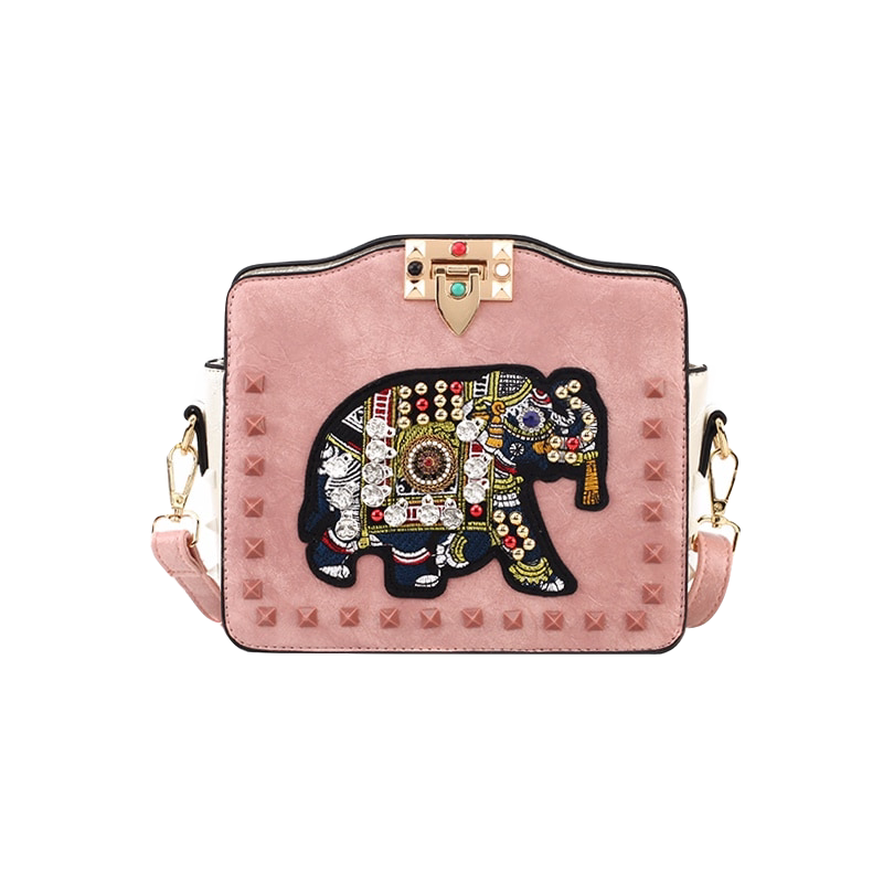 大象刺绣包包女包新款2019夏季时尚潮百搭铆钉锁扣包单肩斜挎小包