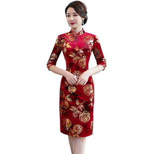 秋装2019年新款女中长款改良七分袖中年复古妈妈旗袍端庄大气新式