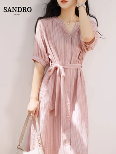 GG。法式高级感粉色条纹天丝连衣裙女夏季复古宽松系带衬衫惊艳长