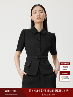 LANCY/朗姿2024夏季新款三醋酸短袖翻领西装外套职业系带西服女