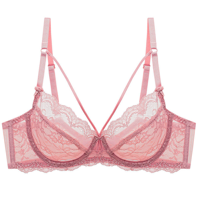 维密哆性感蕾丝情趣绑带胸罩超薄款透明内衣女士粉色大胸显小文胸