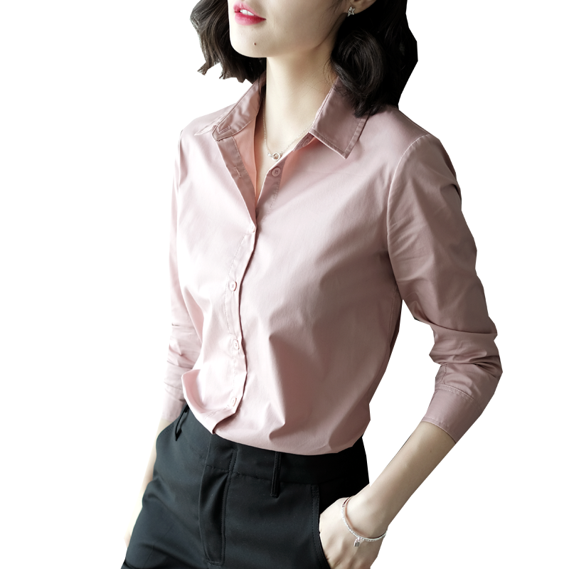 职业衬衫女 2020春季新款通勤显瘦粉色纯色长袖气质衬衣宽松上衣