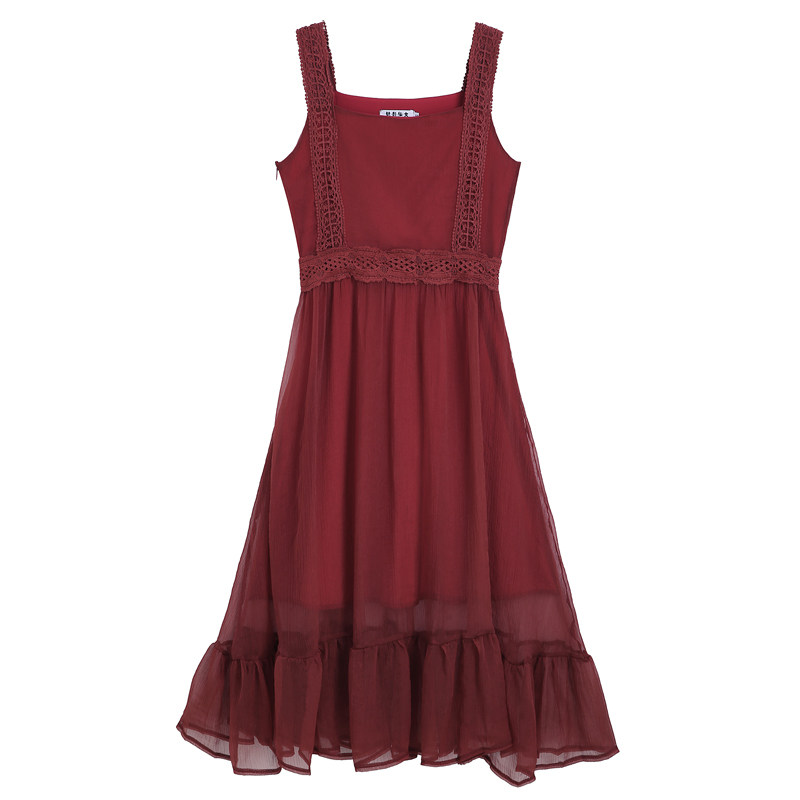 仙女显瘦显高度假长裙女神范气质吊带裙超仙一字肩暗红色连衣裙夏