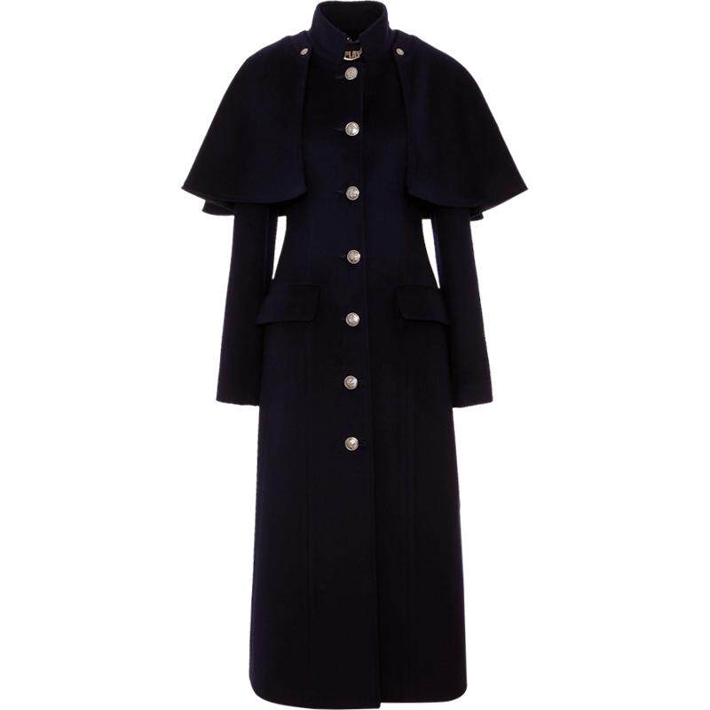 dplay德帕拉秋冬新款时尚藏青色可脱卸斗篷复古羊毛呢大衣外套女