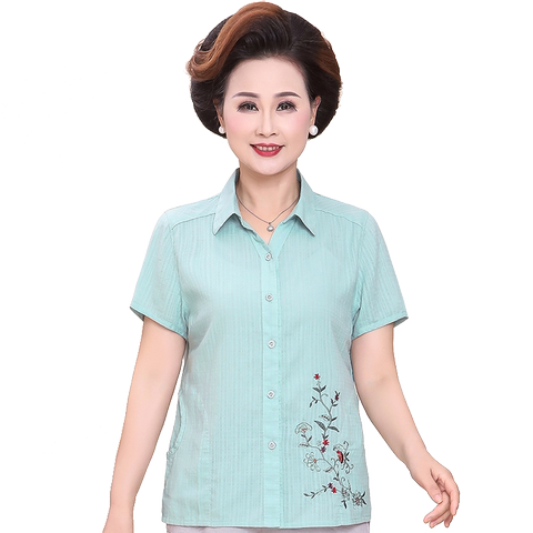 奶奶装夏装纯棉短袖中老年绣花衬衫女妈妈装夏季休闲宽松老人衣服