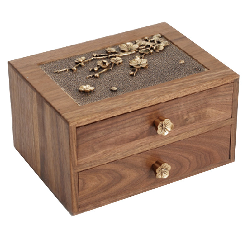 新中式 首饰收纳盒装饰盒实木桌面轻奢抽屉式储物盒复古整理柜子