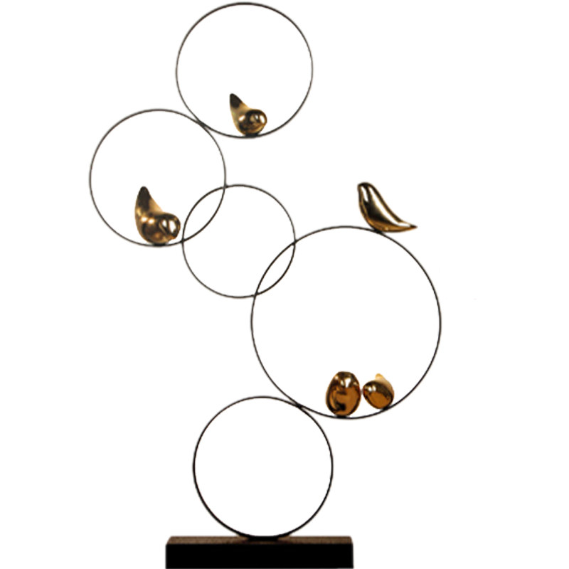 创意新中式铁艺花鸟云环摆件禅意客厅书房装饰品软装设计大号摆设