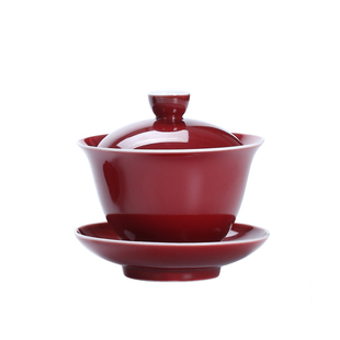 鸡血红奉茶三才盖碗婚礼改口敬茶杯茶盏家用喜庆祭红色陶瓷茶具