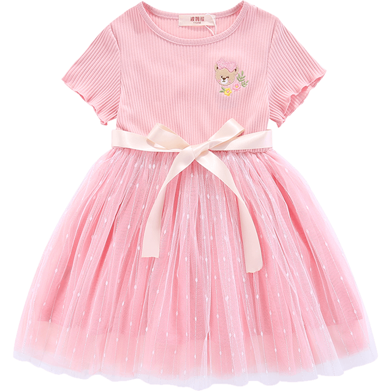 波姆熊女童夏季2019新款短袖宝宝连衣裙子儿童纱裙蕾丝洋气公主裙