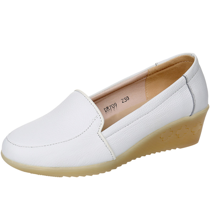 直供医院春秋护士鞋白色真皮坡跟冬季牛筋底舒适女圆头单鞋加绒
