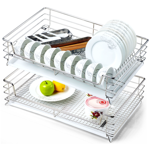 汉高橱柜厨房拉篮304不锈钢碗碟拉篮双层抽屉开门碗架置物架碗篮