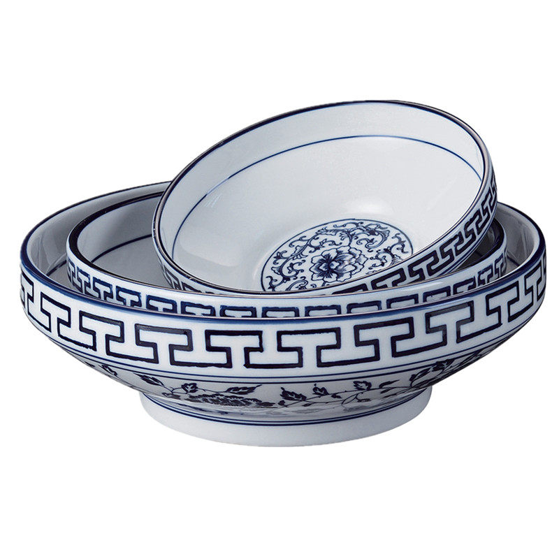 大地恒基青花瓷高脚汤碗拉面碗酒店回纹大汤碗火锅米线碗家用汤碗