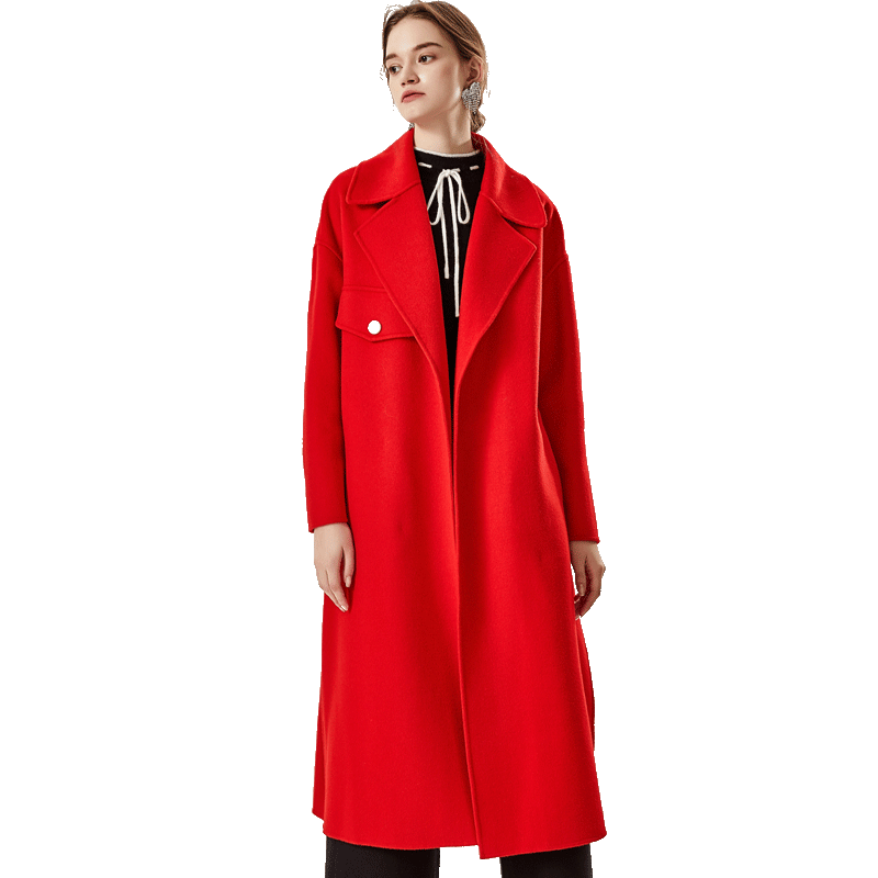 女装 谷邦2019冬季新款红色蓝色简约风外套全绵羊毛长款双面呢大衣女