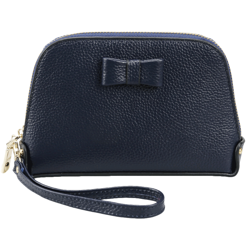 kimo真皮女士钱包 新款拉链蝴蝶结简约大容量零钱包手拿包化妆包 - 尔