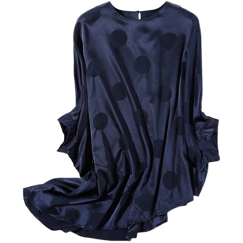 真丝上衣女2021夏新款欧货宽松不规则时尚波点蝙蝠衫洋气t恤ins潮