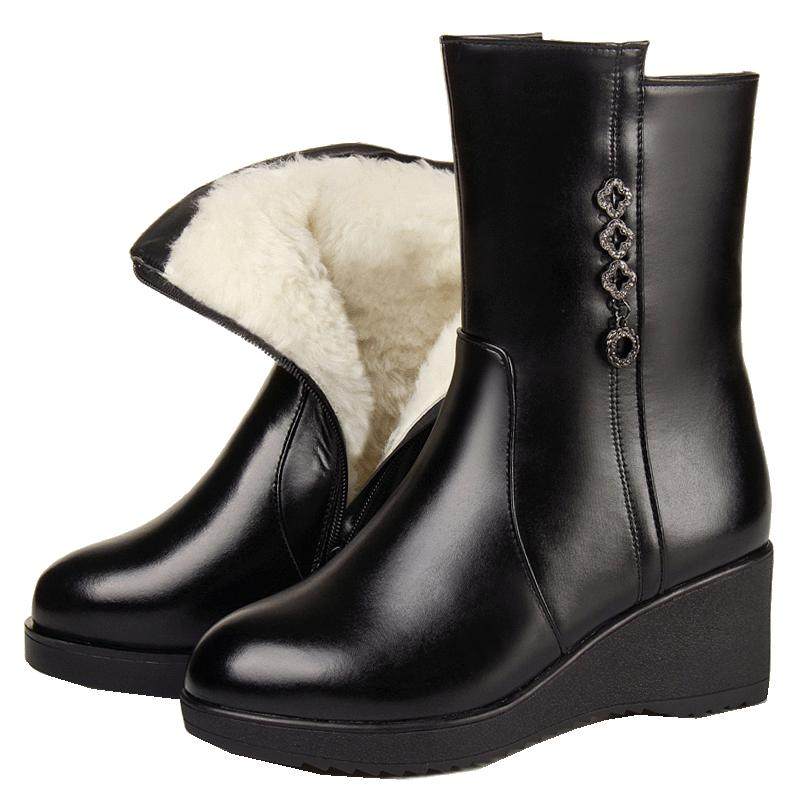 真皮全羊毛中筒靴女冬靴子坡跟厚底中年妈妈中筒棉靴中跟大码女鞋