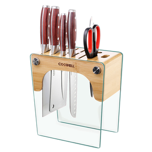 coowell 刀架厨房置物架 刀具收纳用品 钢化玻璃楠竹刀座菜刀架子 券