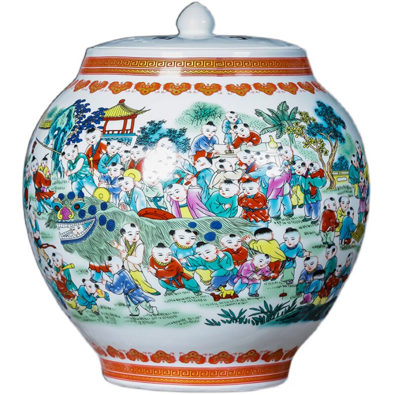 景德镇陶瓷器百子图花瓶大号圆瓶装饰储物罐中式客厅家居饰品摆件