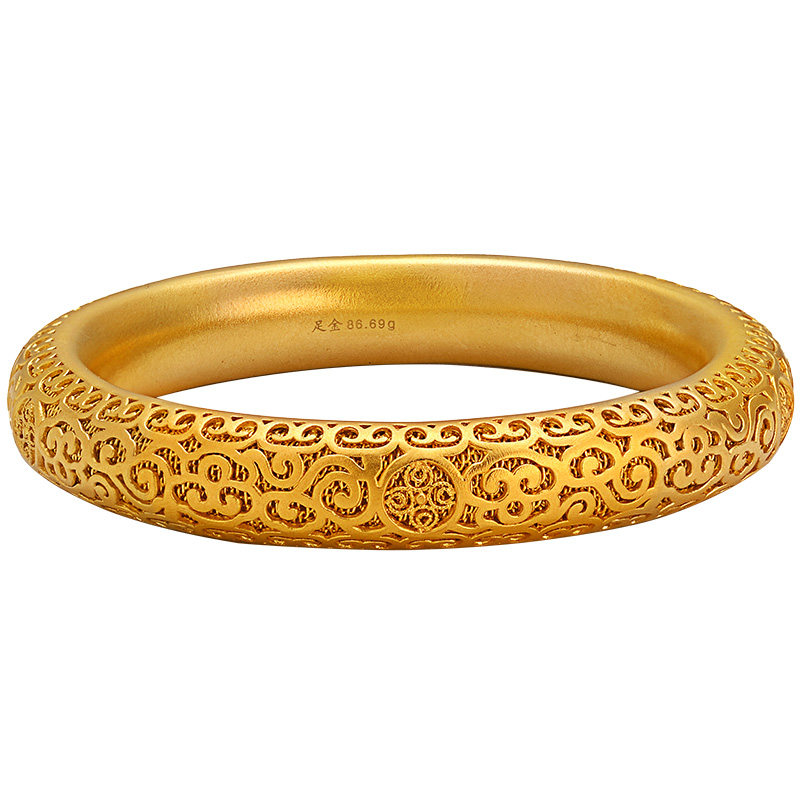 老铺黄金古法手工花丝圆满足金黄金手镯足金手环饰品宽